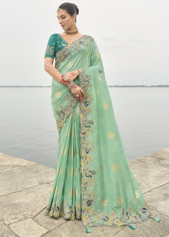 Sea Green Handcrafted Gadwal Silk Saree with Beautiful Embroidery