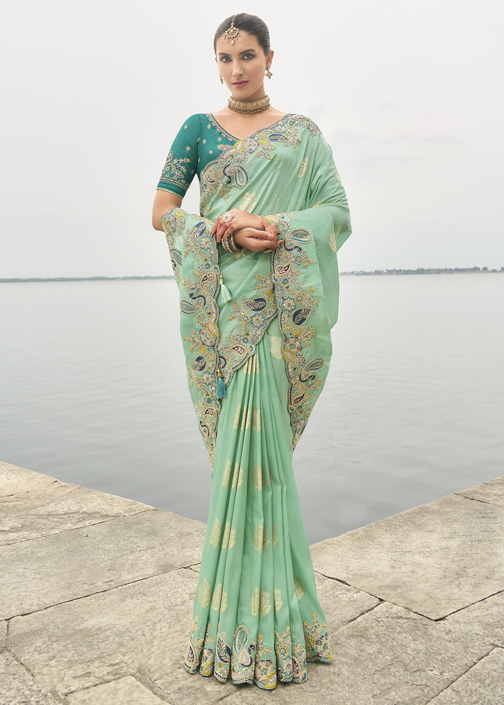 Sea Green Handcrafted Gadwal Silk Saree with Beautiful Embroidery