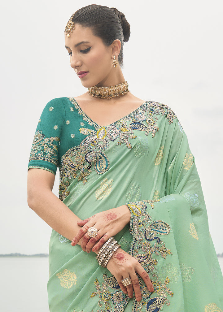 Sea Green Handcrafted Gadwal Silk Saree with Beautiful Embroidery