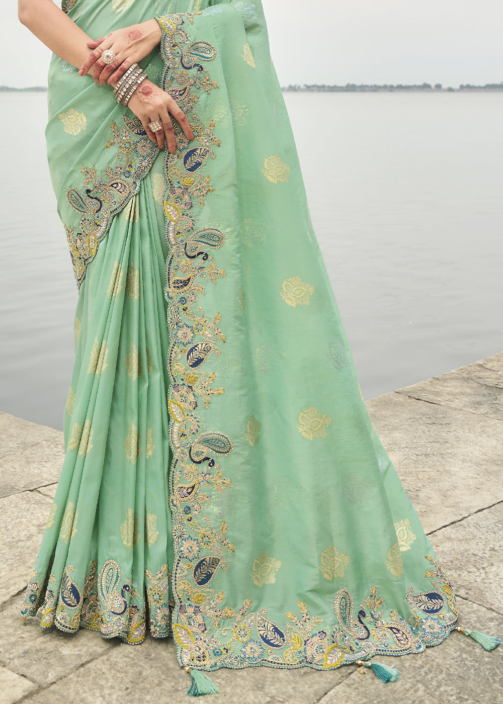 Sea Green Handcrafted Gadwal Silk Saree with Beautiful Embroidery