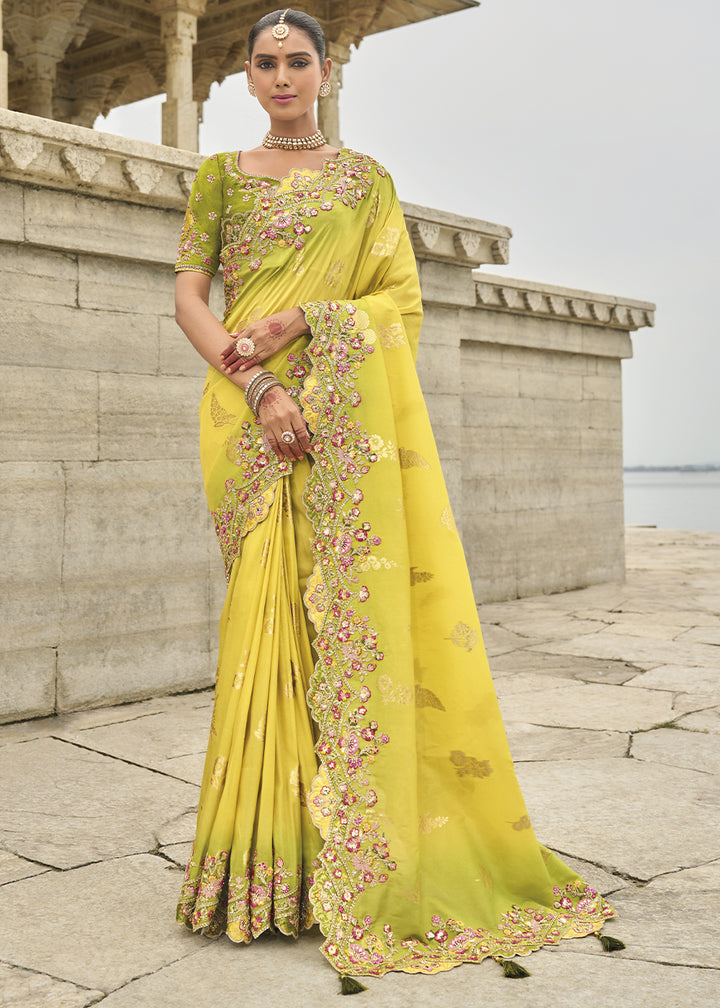 Lemon Yellow Handcrafted Gadwal Silk Saree with Beautiful Embroidery