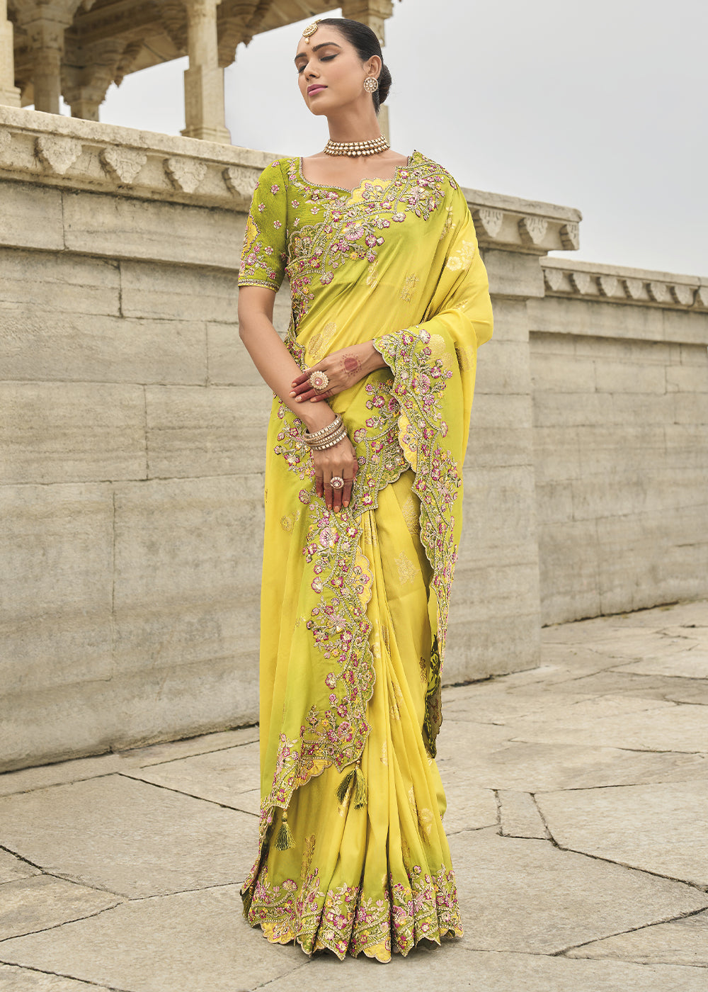 Lemon Yellow Handcrafted Gadwal Silk Saree with Beautiful Embroidery