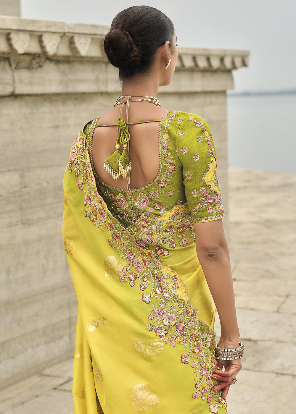 Lemon Yellow Handcrafted Gadwal Silk Saree with Beautiful Embroidery