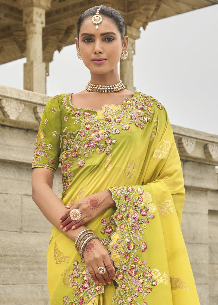 Lemon Yellow Handcrafted Gadwal Silk Saree with Beautiful Embroidery