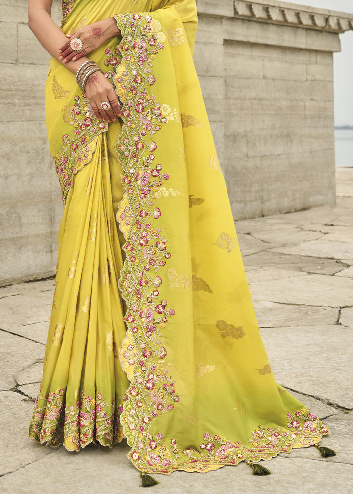 Lemon Yellow Handcrafted Gadwal Silk Saree with Beautiful Embroidery