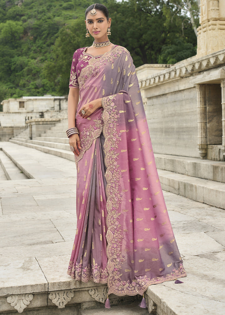 Pink and Grey Handcrafted Gadwal Silk Saree with Beautiful Embroidery