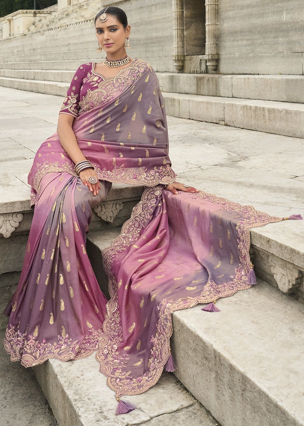 Pink and Grey Handcrafted Gadwal Silk Saree with Beautiful Embroidery