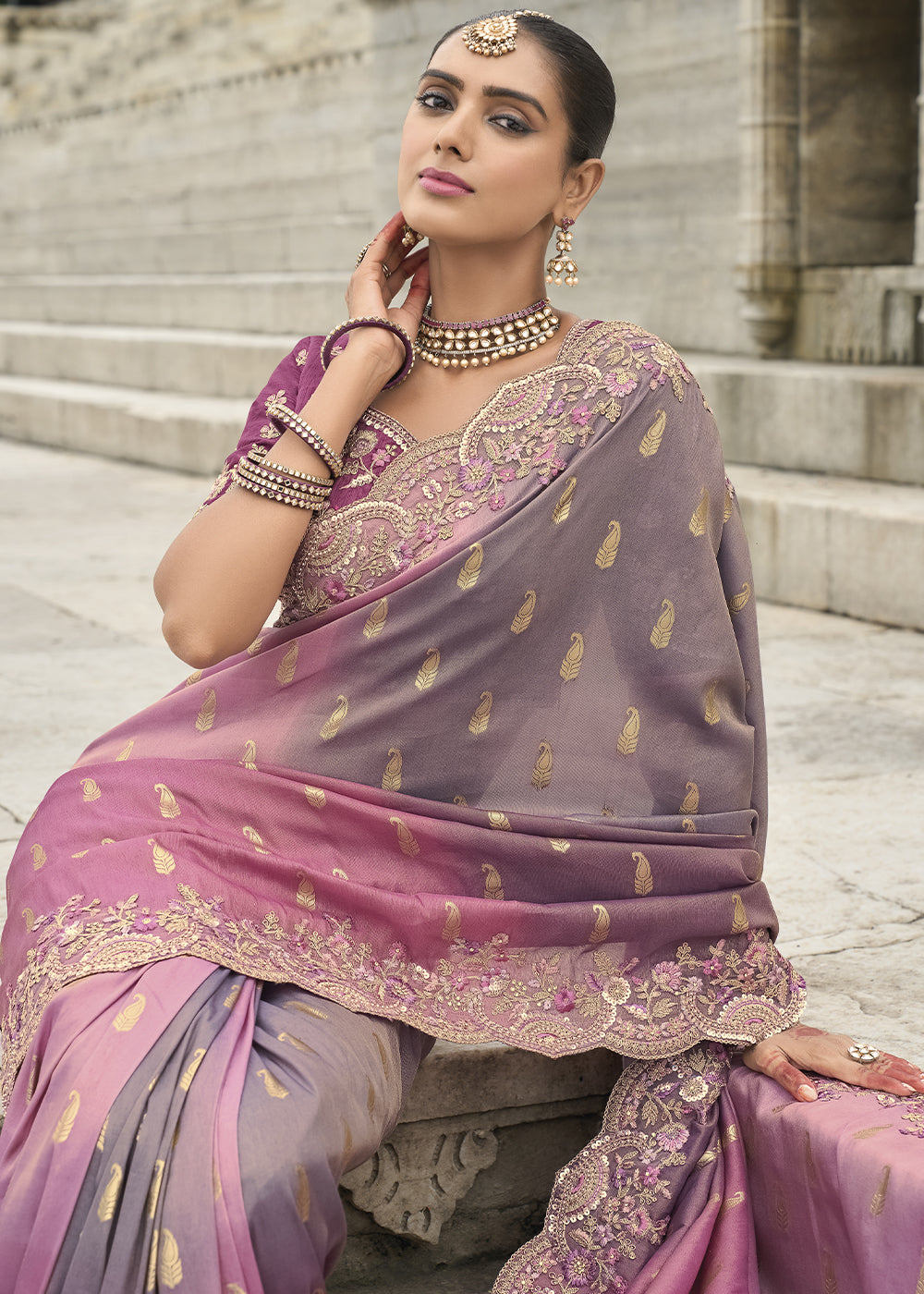 Pink and Grey Handcrafted Gadwal Silk Saree with Beautiful Embroidery