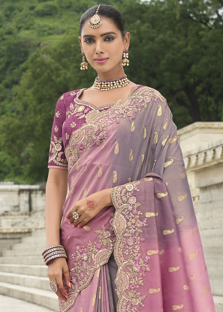 Pink and Grey Handcrafted Gadwal Silk Saree with Beautiful Embroidery