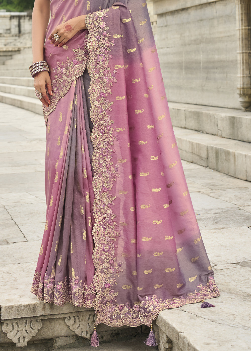 Pink and Grey Handcrafted Gadwal Silk Saree with Beautiful Embroidery