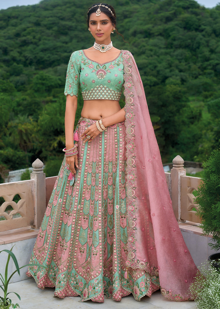 Mint Green & Pink Viscose Silk Lehenga Choli with Stunning Floral Embroidery & Sequins Design