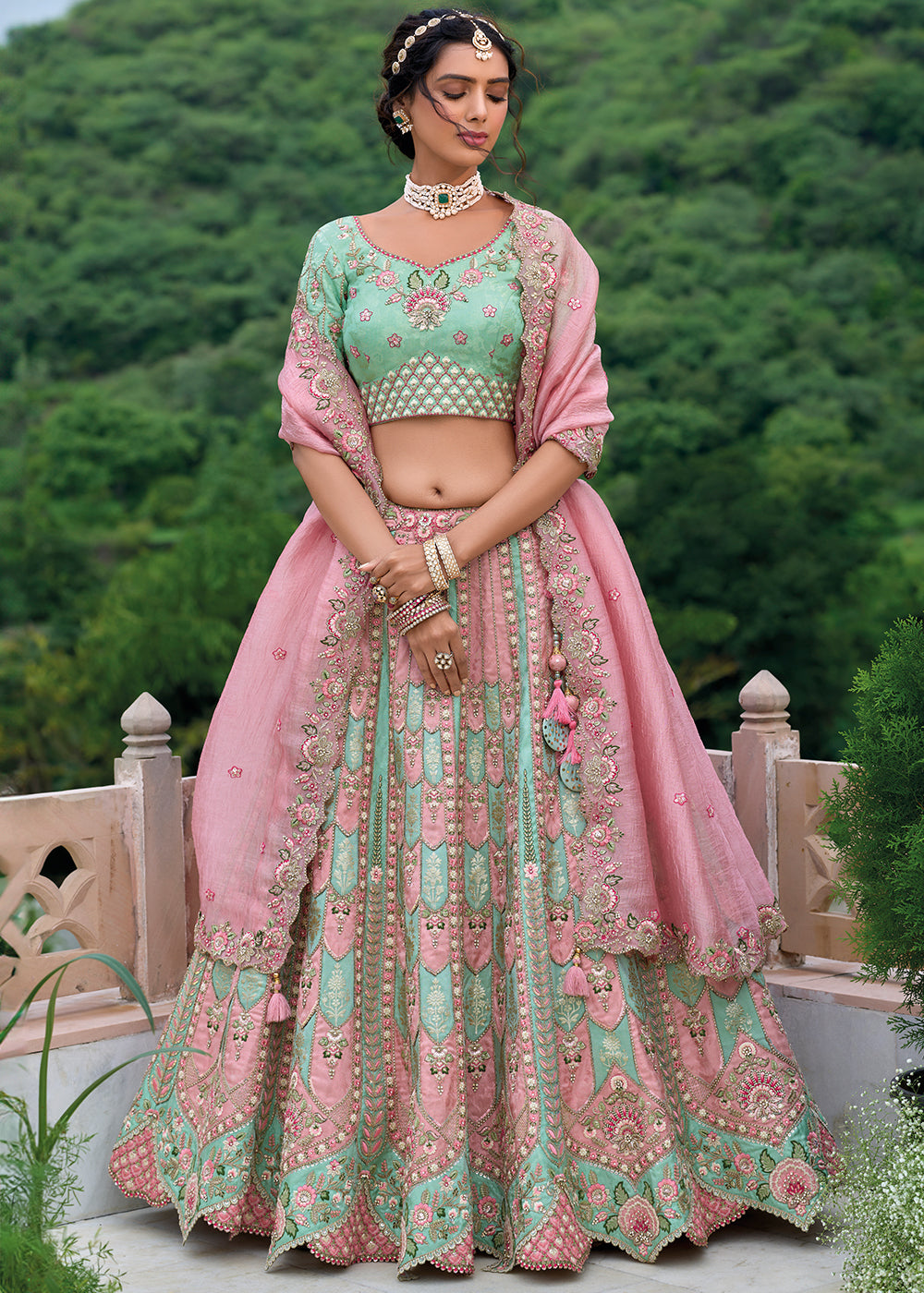 Mint Green & Pink Viscose Silk Lehenga Choli with Stunning Floral Embroidery & Sequins Design