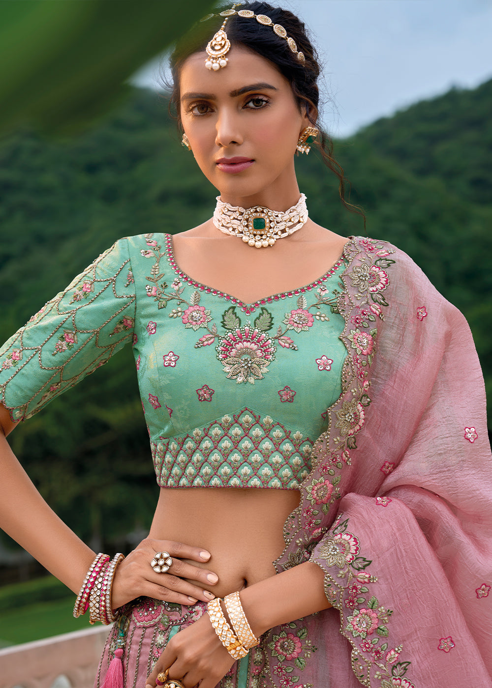 Mint Green & Pink Viscose Silk Lehenga Choli with Stunning Floral Embroidery & Sequins Design