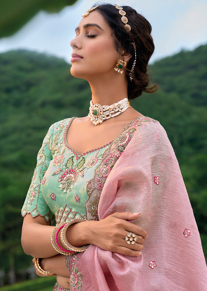 Mint Green & Pink Viscose Silk Lehenga Choli with Stunning Floral Embroidery & Sequins Design