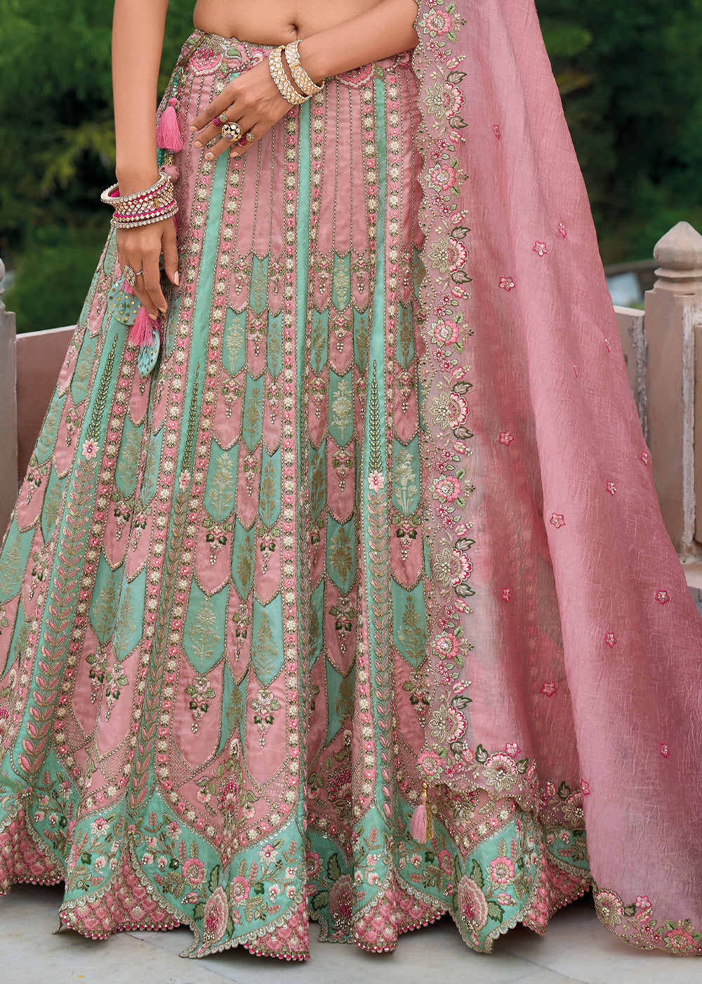 Mint Green & Pink Viscose Silk Lehenga Choli with Stunning Floral Embroidery & Sequins Design