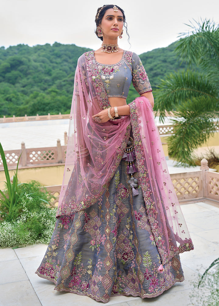 Porpoise Grey Banarasi Silk Lehenga Choli with Stunning Floral Embroidery & Sequins Design