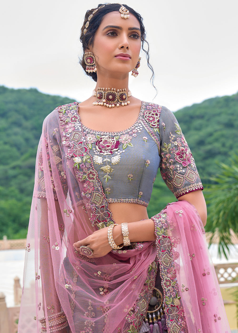 Porpoise Grey Banarasi Silk Lehenga Choli with Stunning Floral Embroidery & Sequins Design