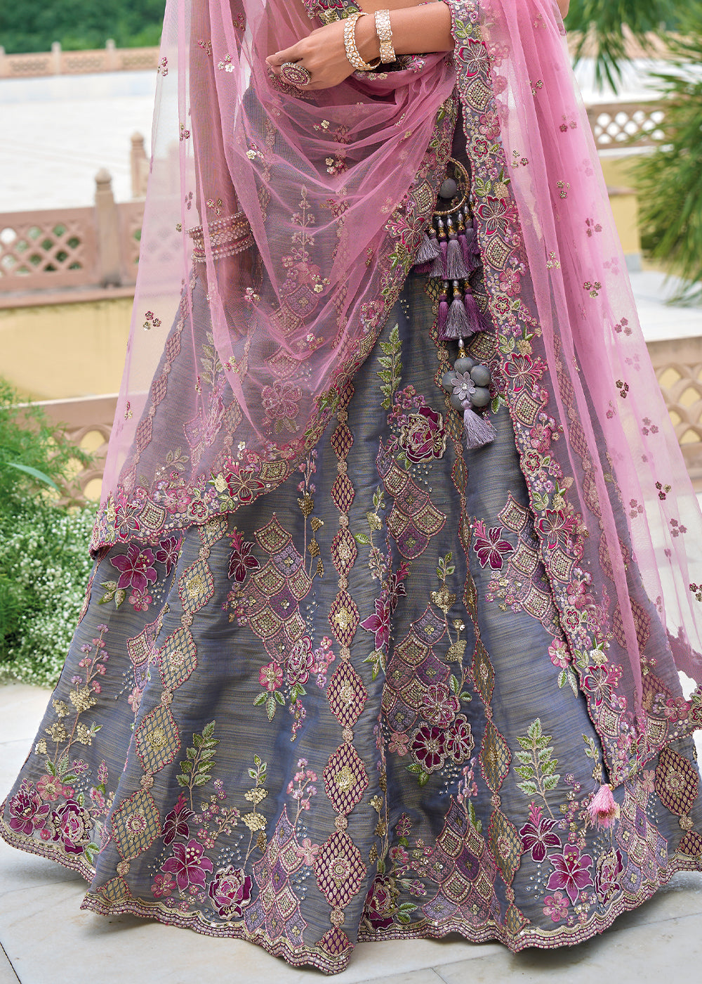 Porpoise Grey Banarasi Silk Lehenga Choli with Stunning Floral Embroidery & Sequins Design