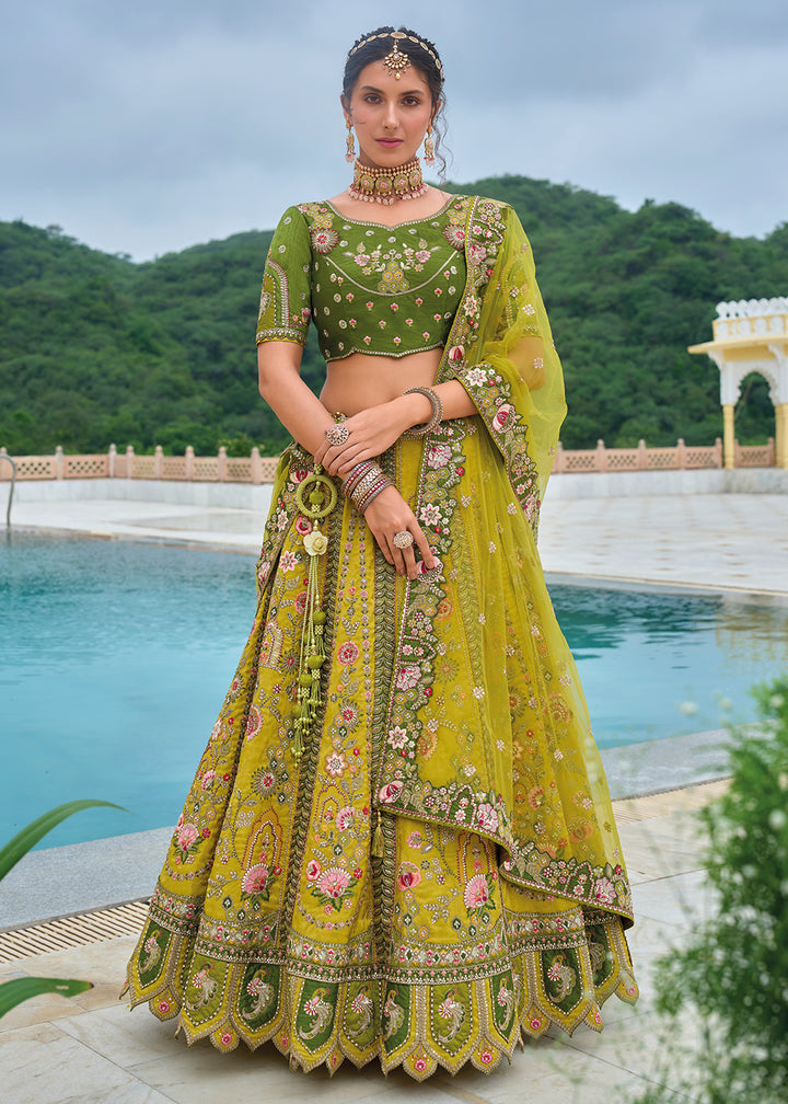 Shades Of Green Banarasi Silk Lehenga Choli with Stunning Floral Embroidery & Sequins Design