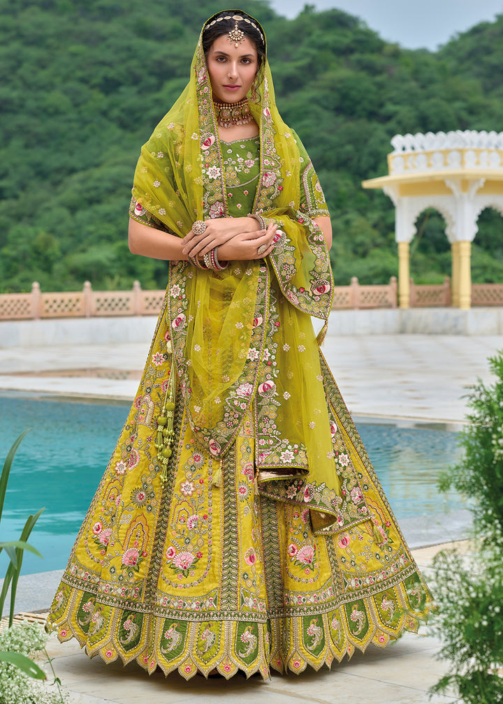 Shades Of Green Banarasi Silk Lehenga Choli with Stunning Floral Embroidery & Sequins Design