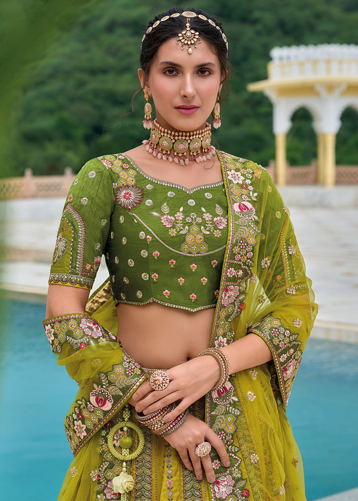 Shades Of Green Banarasi Silk Lehenga Choli with Stunning Floral Embroidery & Sequins Design