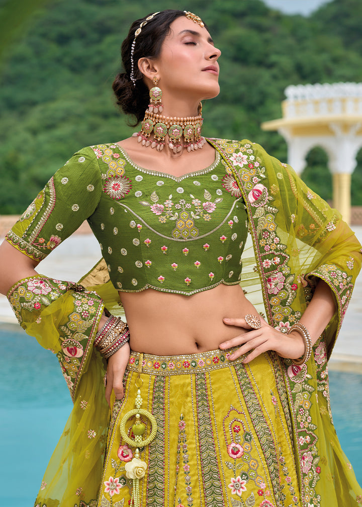 Shades Of Green Banarasi Silk Lehenga Choli with Stunning Floral Embroidery & Sequins Design