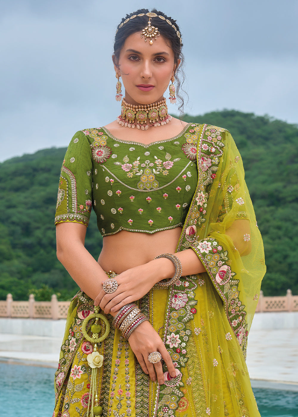 Shades Of Green Banarasi Silk Lehenga Choli with Stunning Floral Embroidery & Sequins Design