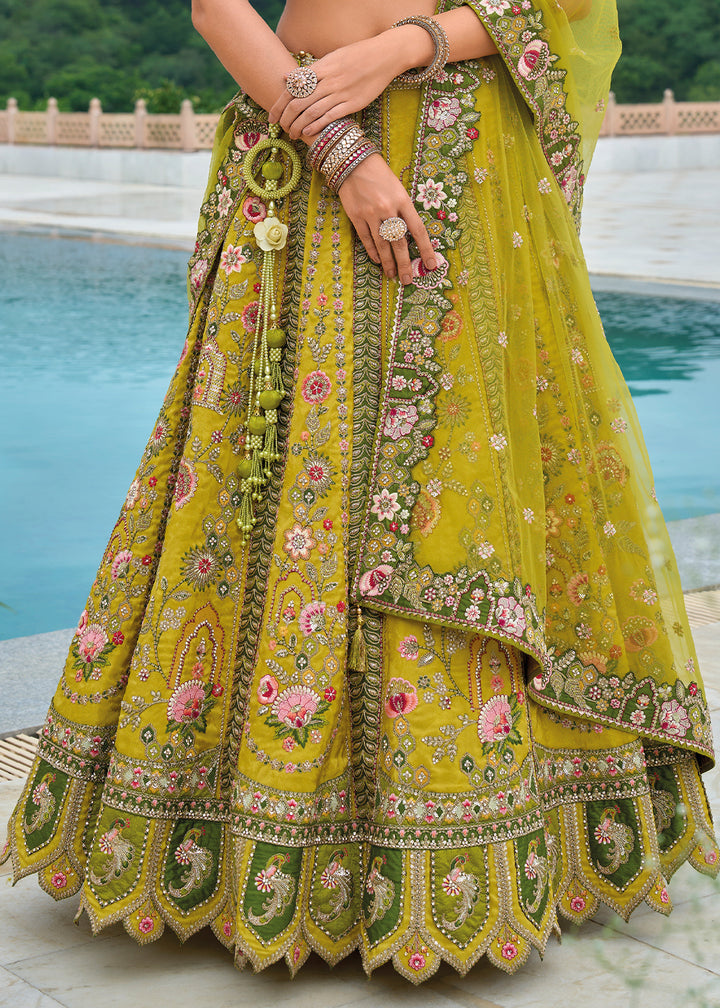 Shades Of Green Banarasi Silk Lehenga Choli with Stunning Floral Embroidery & Sequins Design