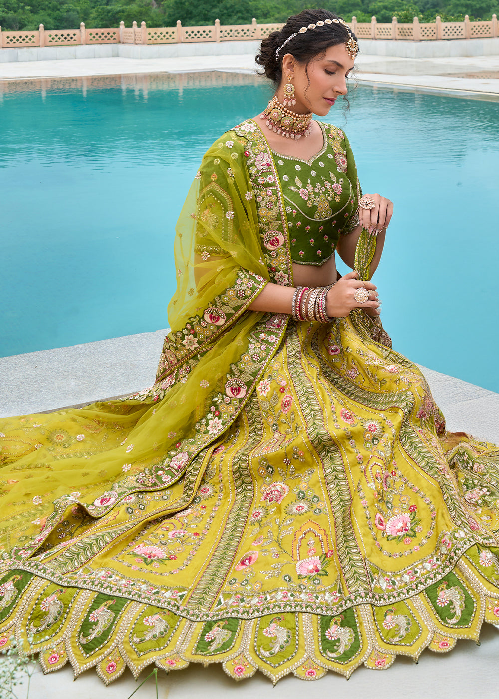 Shades Of Green Banarasi Silk Lehenga Choli with Stunning Floral Embroidery & Sequins Design