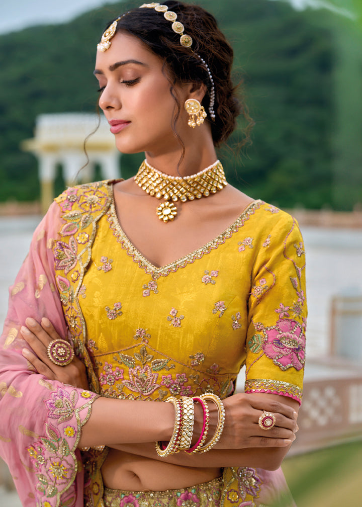 Shades Of Yellow Viscose Silk Lehenga Choli with Stunning Floral Embroidery & Sequins Design