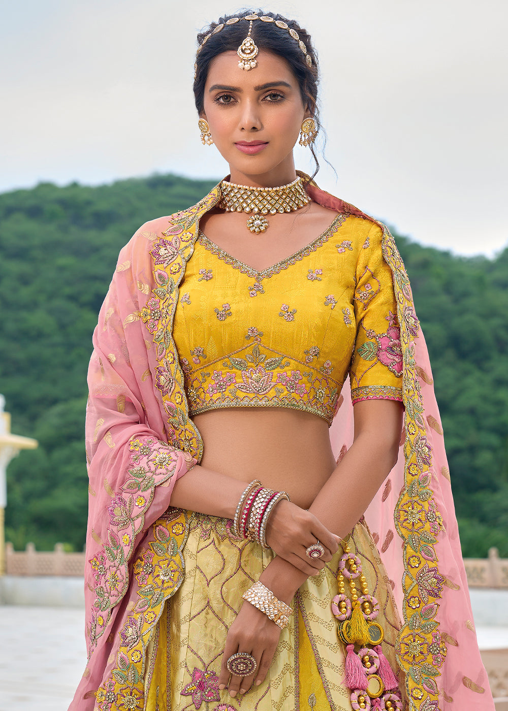 Shades Of Yellow Viscose Silk Lehenga Choli with Stunning Floral Embroidery & Sequins Design