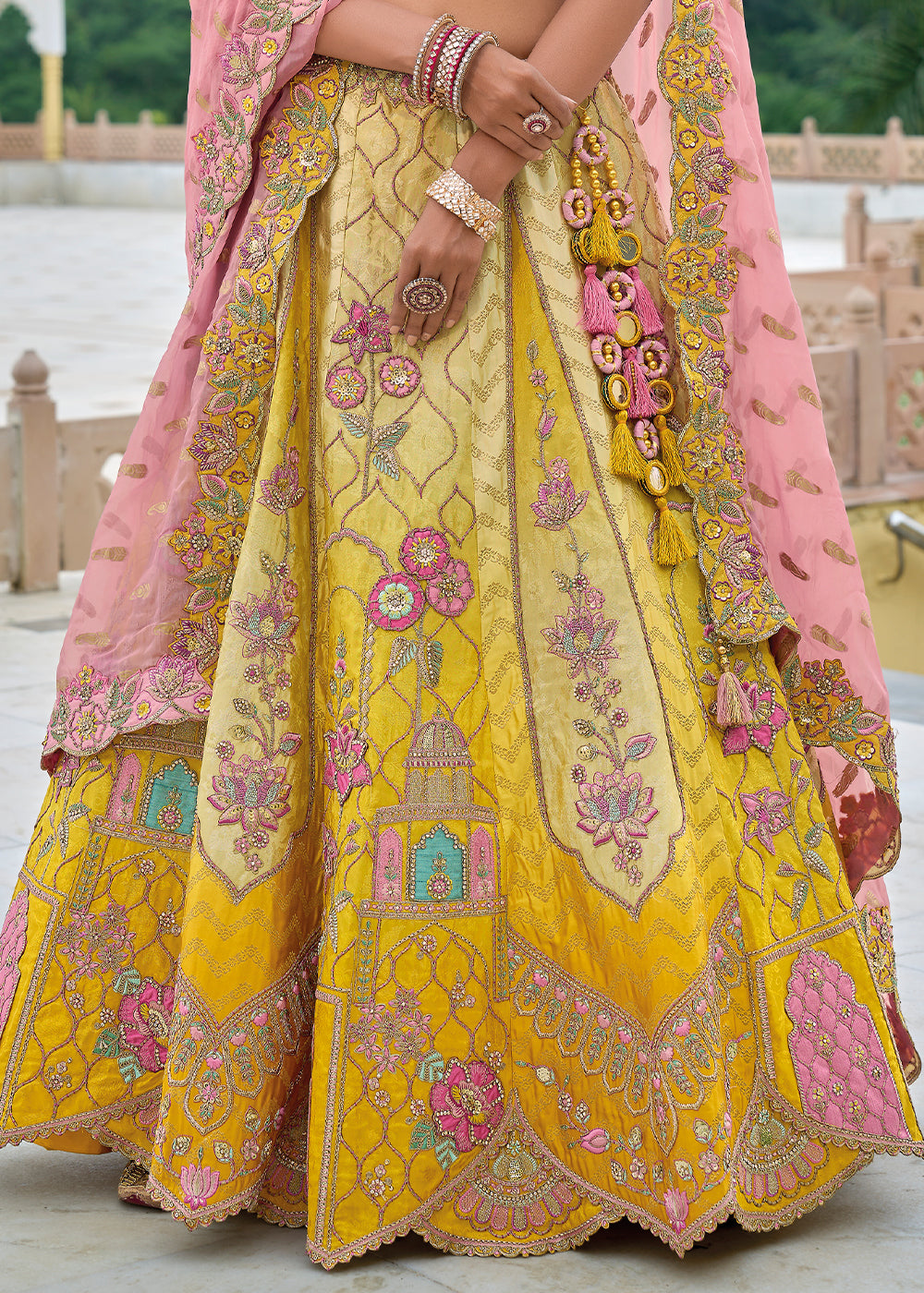 Shades Of Yellow Viscose Silk Lehenga Choli with Stunning Floral Embroidery & Sequins Design