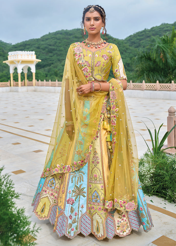 Green & Blue Banarasi Silk Lehenga Choli with Stunning Floral Embroidery & Sequins Design