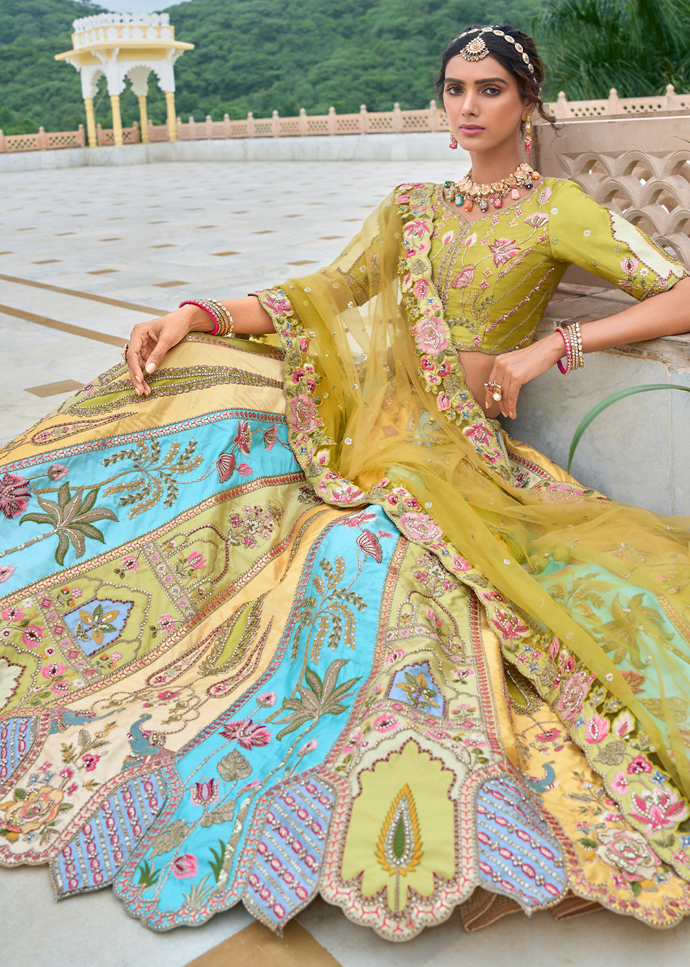 Green & Blue Banarasi Silk Lehenga Choli with Stunning Floral Embroidery & Sequins Design