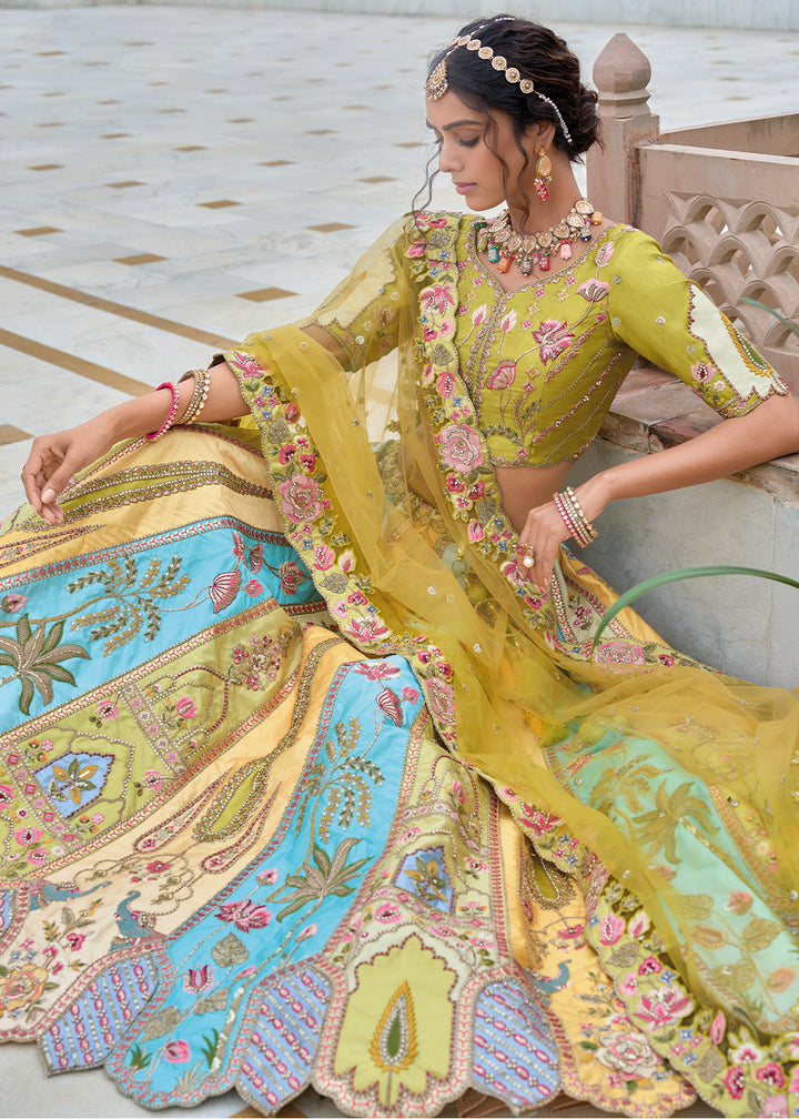 Green & Blue Banarasi Silk Lehenga Choli with Stunning Floral Embroidery & Sequins Design