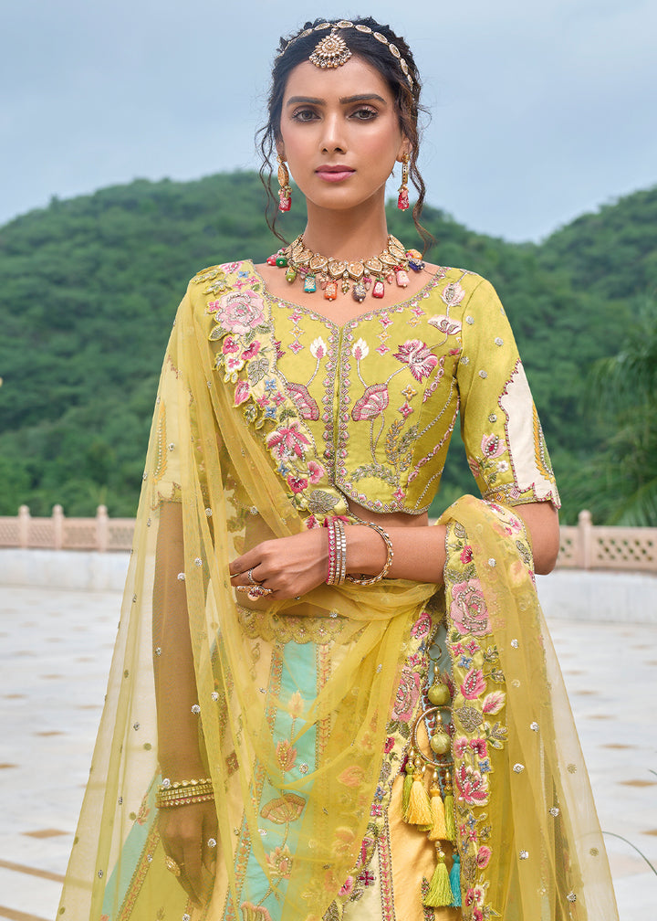 Green & Blue Banarasi Silk Lehenga Choli with Stunning Floral Embroidery & Sequins Design