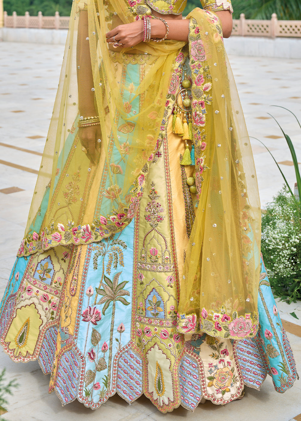 Green & Blue Banarasi Silk Lehenga Choli with Stunning Floral Embroidery & Sequins Design