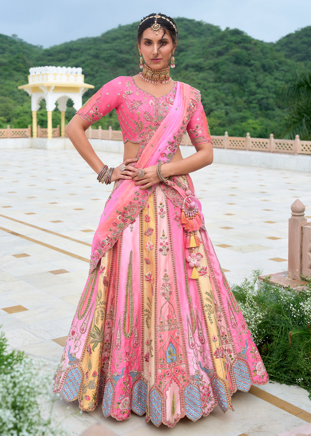 Shades Of Pink Banarasi Silk Lehenga Choli with Stunning Floral Embroidery & Sequins Design