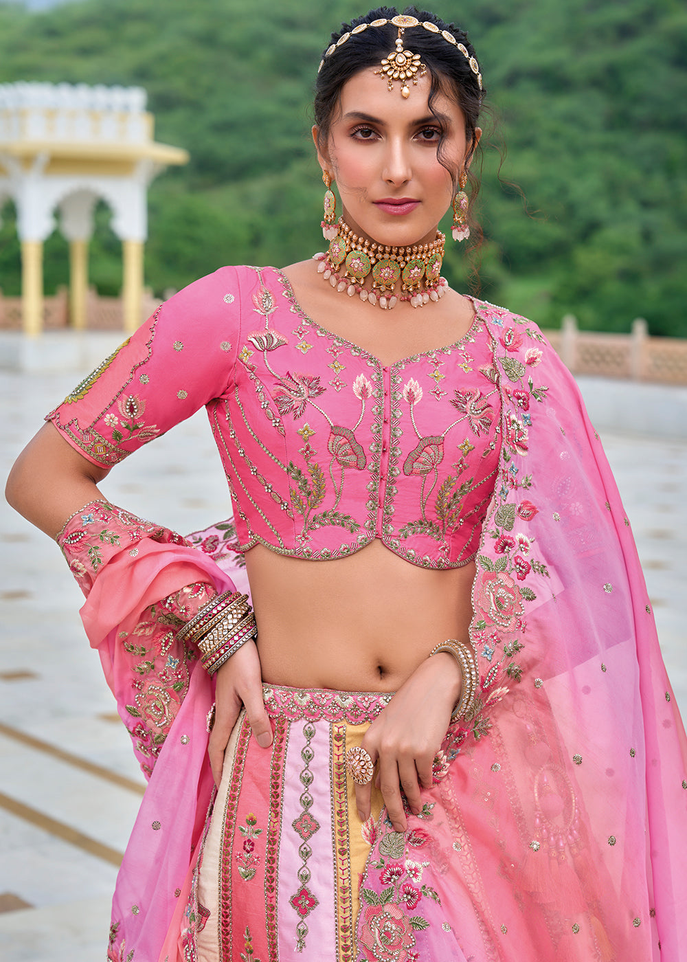 Shades Of Pink Banarasi Silk Lehenga Choli with Stunning Floral Embroidery & Sequins Design