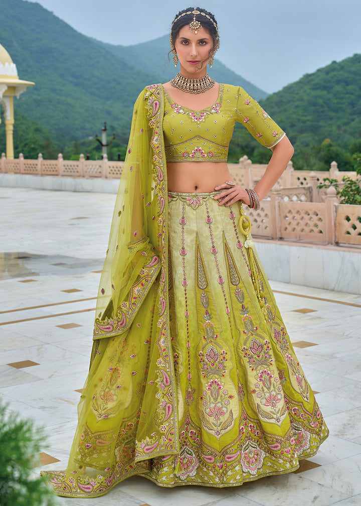 Olive Green Viscose Silk Lehenga Choli with Stunning Floral Embroidery & Sequins Design