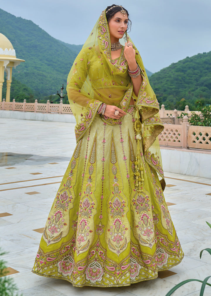 Olive Green Viscose Silk Lehenga Choli with Stunning Floral Embroidery & Sequins Design