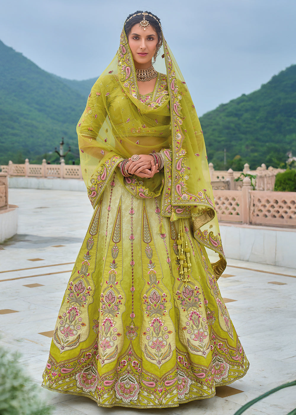 Olive Green Viscose Silk Lehenga Choli with Stunning Floral Embroidery & Sequins Design