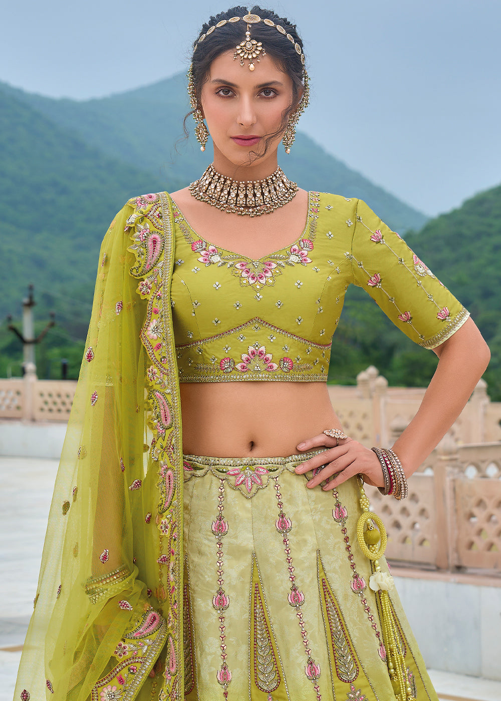 Olive Green Viscose Silk Lehenga Choli with Stunning Floral Embroidery & Sequins Design