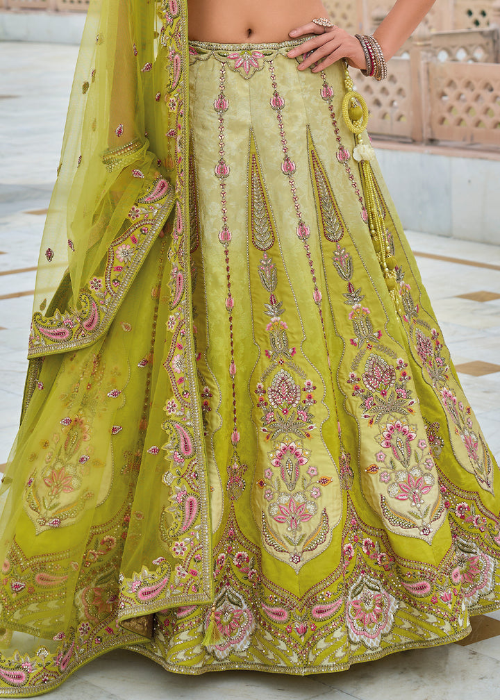 Olive Green Viscose Silk Lehenga Choli with Stunning Floral Embroidery & Sequins Design