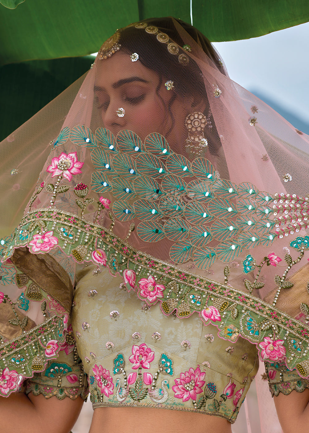 Blue & Pink Viscose Tissue Silk Lehenga Choli with Stunning Floral Embroidery & Sequins Design