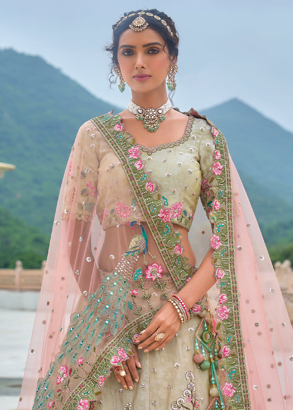 Blue & Pink Viscose Tissue Silk Lehenga Choli with Stunning Floral Embroidery & Sequins Design