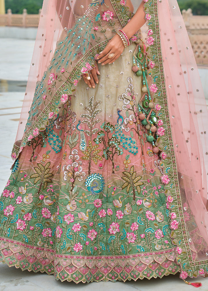 Blue & Pink Viscose Tissue Silk Lehenga Choli with Stunning Floral Embroidery & Sequins Design