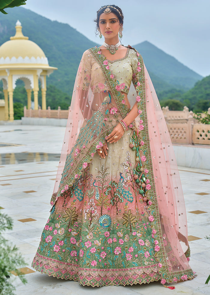 Greenish Blue & Pink Viscose Tissue Silk Lehenga Choli with Stunning Floral Embroidery & Sequins Design