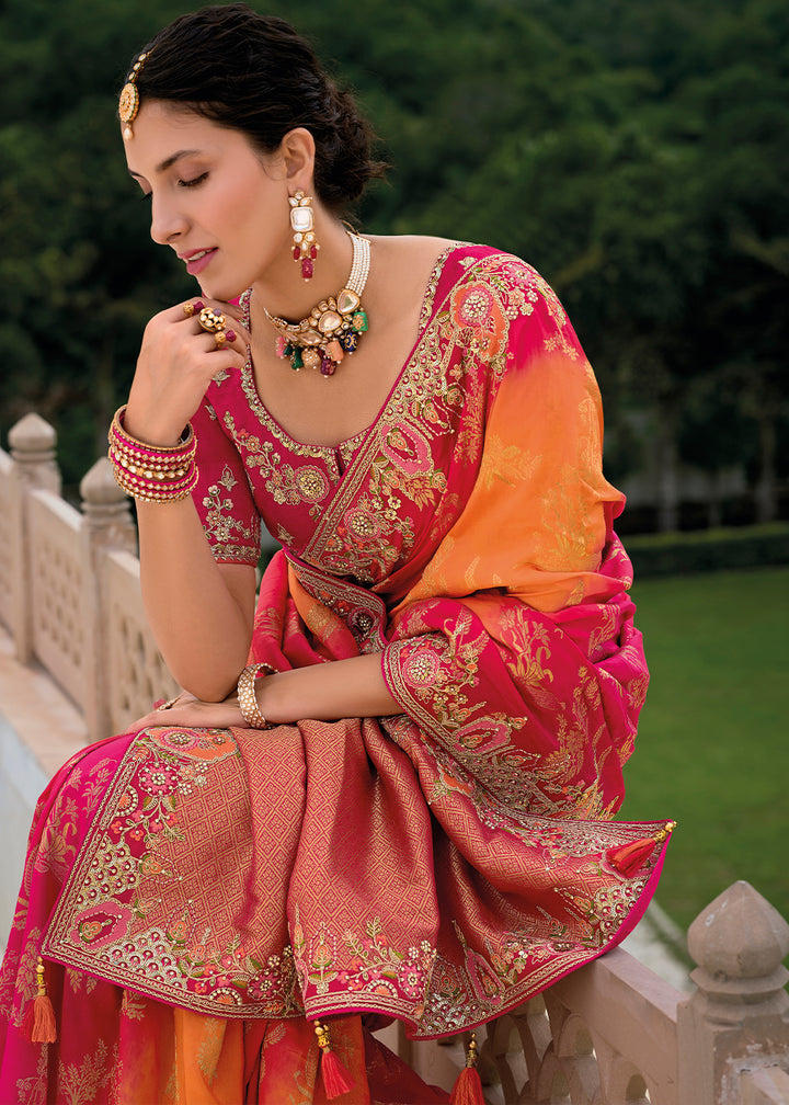 Pink & Orange Viscose Silk Saree with Intricate Cutwork & Embroidery