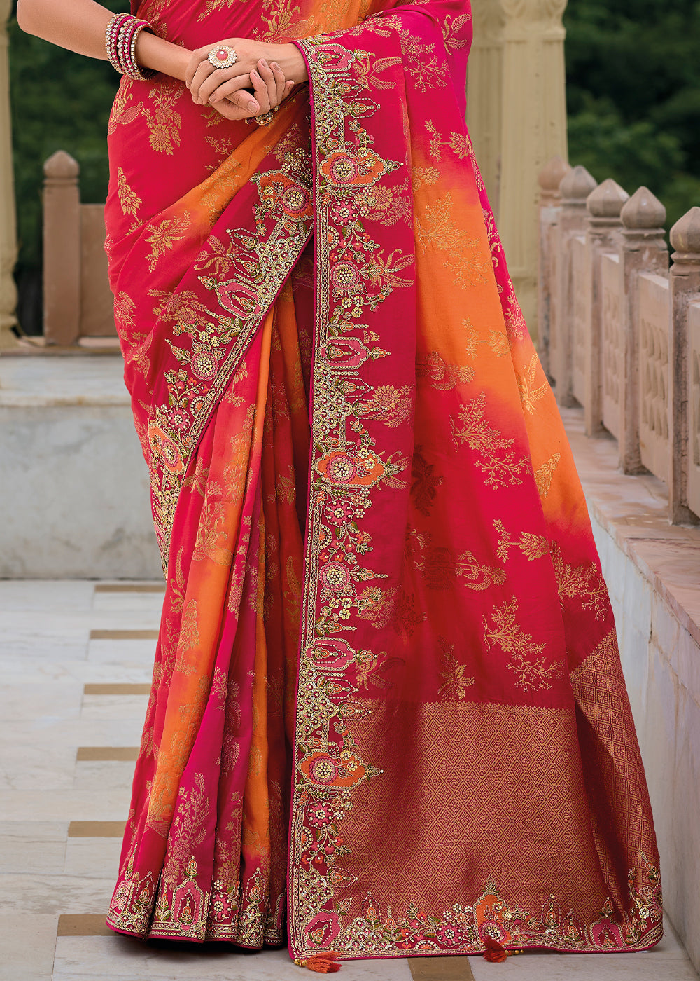 Pink & Orange Viscose Silk Saree with Intricate Cutwork & Embroidery